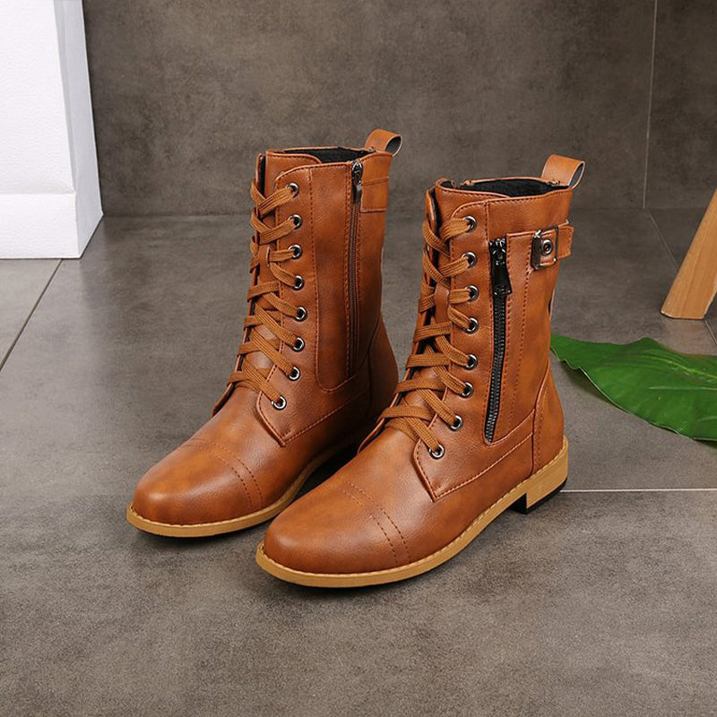 Women's Mid-Calf Lace-Up Boots Featuring Side Zipper and Buckle Strap Details