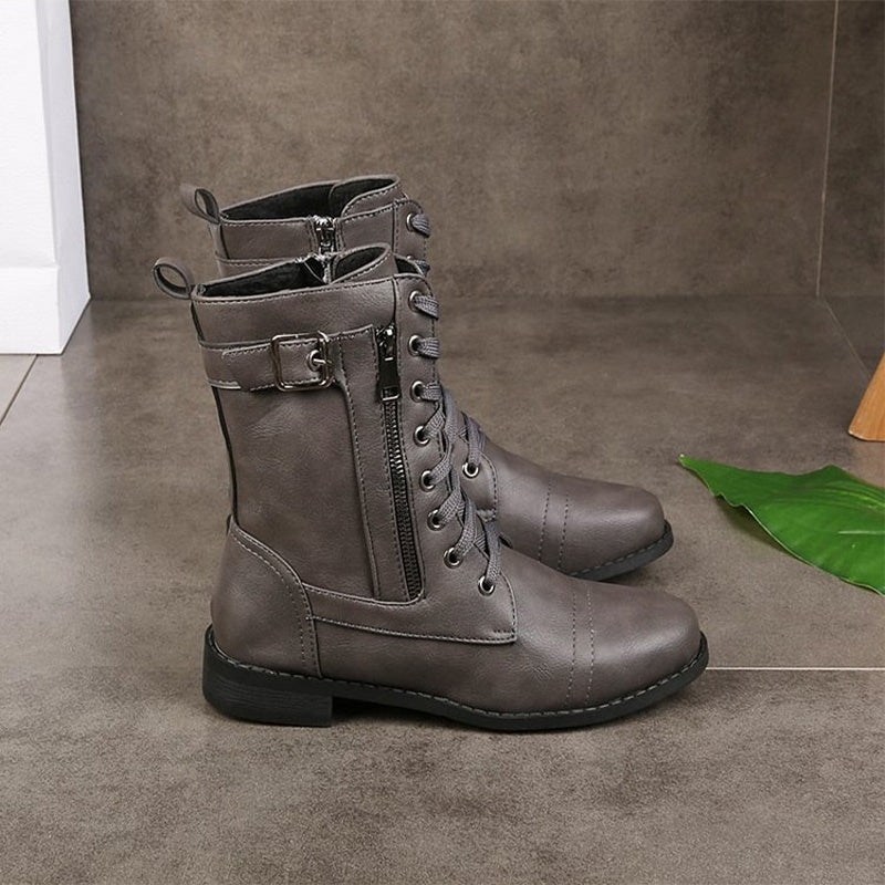 Women's Mid-Calf Lace-Up Boots Featuring Side Zipper and Buckle Strap Details