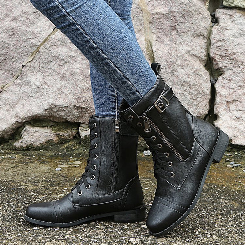 Women's Mid-Calf Lace-Up Boots Featuring Side Zipper and Buckle Strap Details