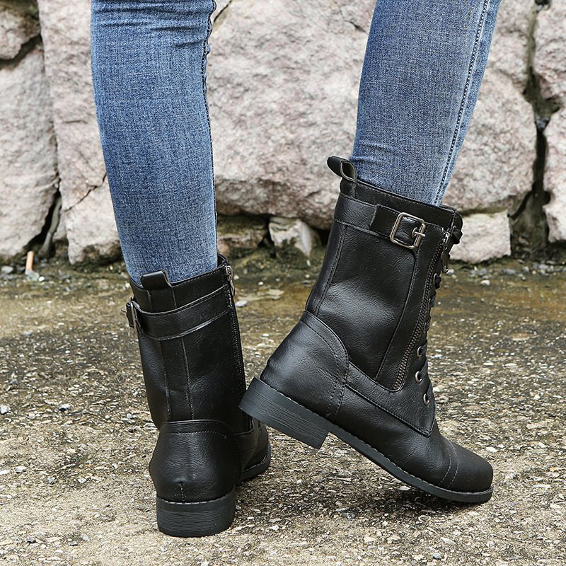 Women's Mid-Calf Lace-Up Boots Featuring Side Zipper and Buckle Strap Details