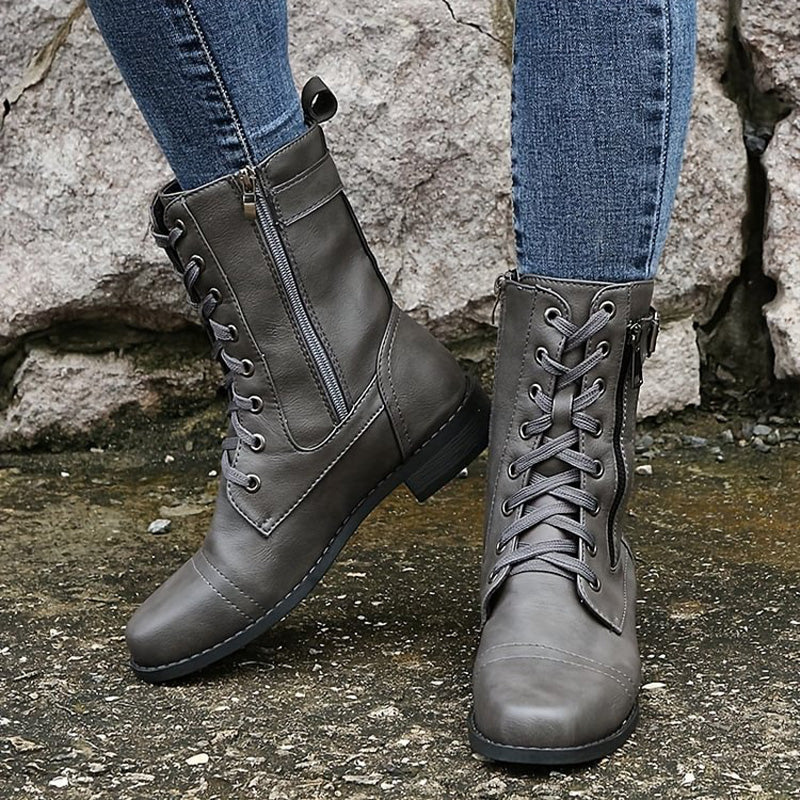 Women's Mid-Calf Lace-Up Boots Featuring Side Zipper and Buckle Strap Details