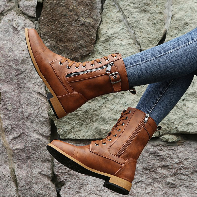 Women's Mid-Calf Lace-Up Boots Featuring Side Zipper and Buckle Strap Details