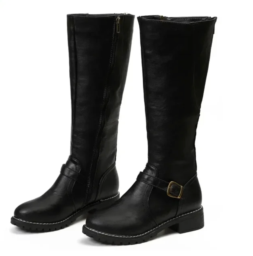 Women's Knee-High Boots with Buckle Strap and Low Block Heel