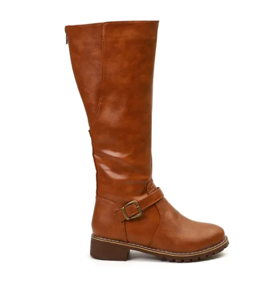 Women's Knee-High Boots with Buckle Strap and Low Block Heel