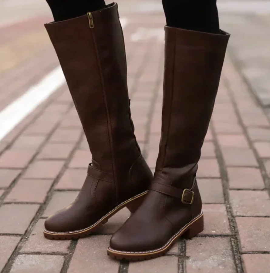 Women's Knee-High Boots with Buckle Strap and Low Block Heel