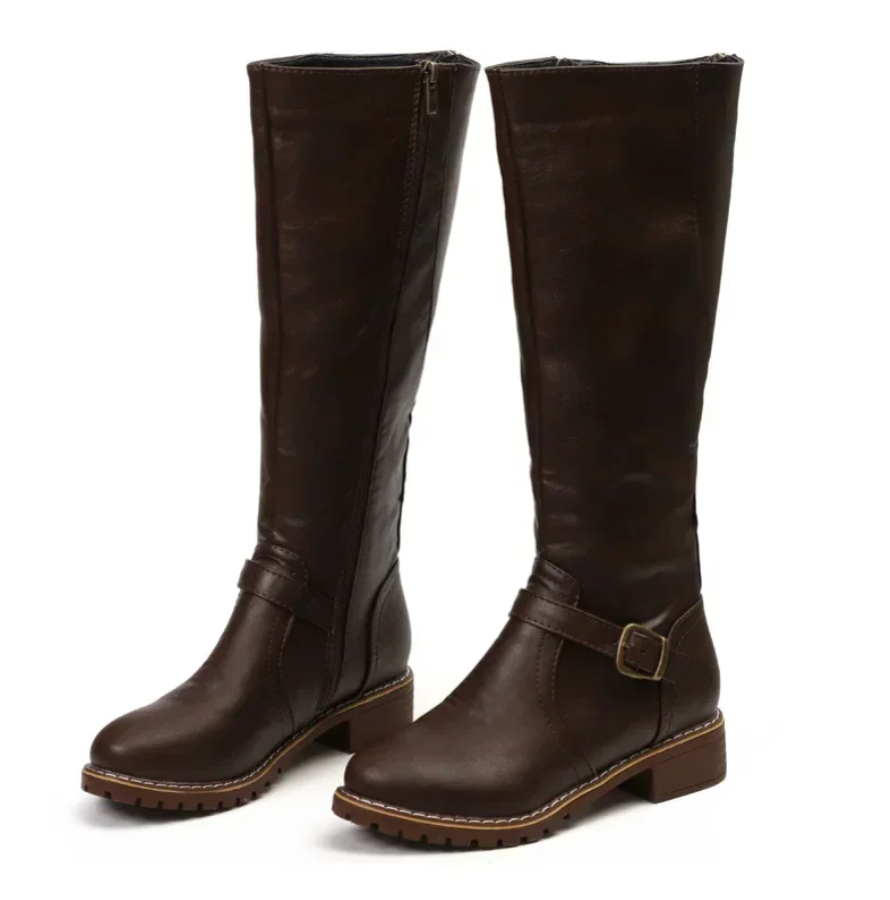 Women's Knee-High Boots with Buckle Strap and Low Block Heel