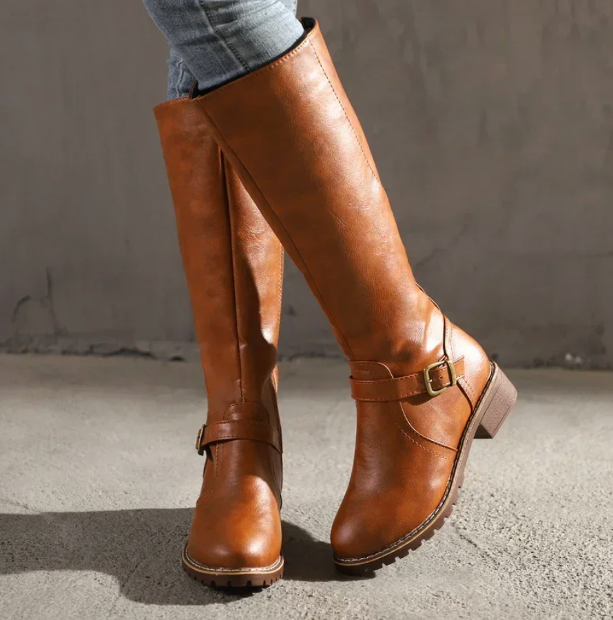 Women's Knee-High Boots with Buckle Strap and Low Block Heel