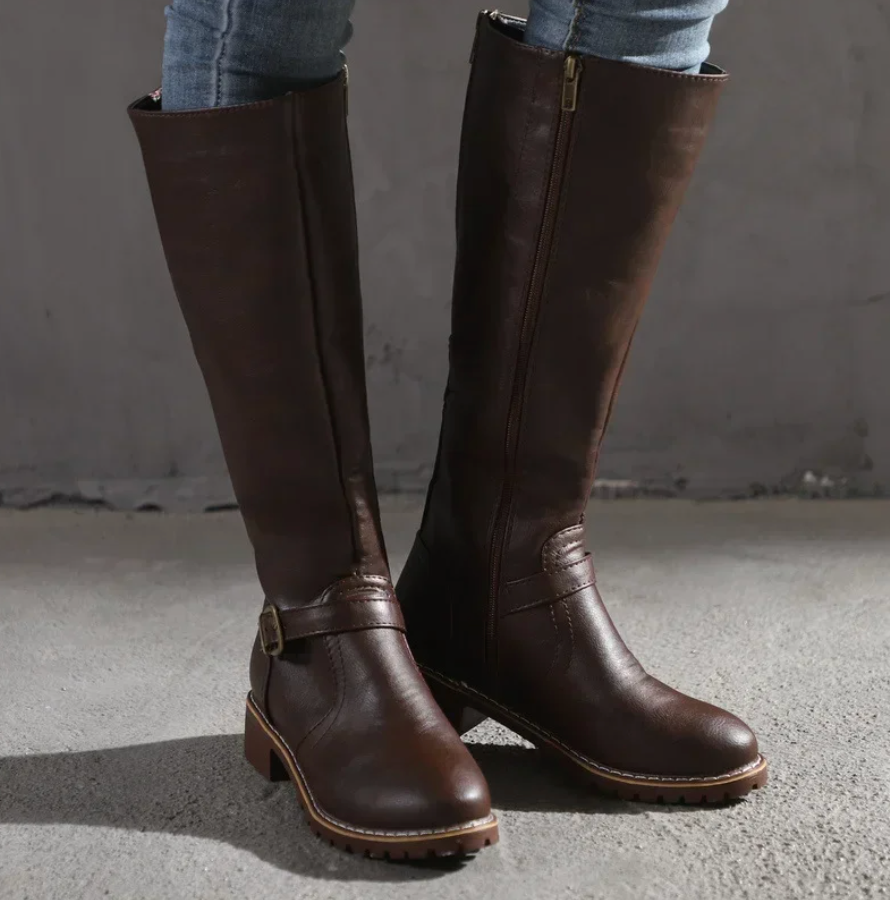 Women's Knee-High Boots with Buckle Strap and Low Block Heel