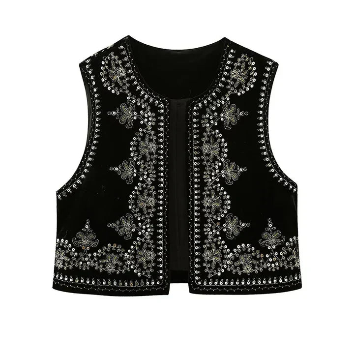 Women's Vintage Open Front Sleeveless Vest with Embroidery