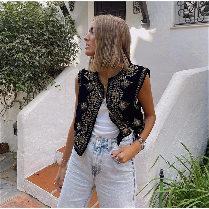 Women's Vintage Open Front Sleeveless Vest with Embroidery
