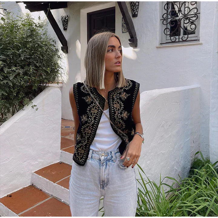 Women's Vintage Open Front Sleeveless Vest with Embroidery