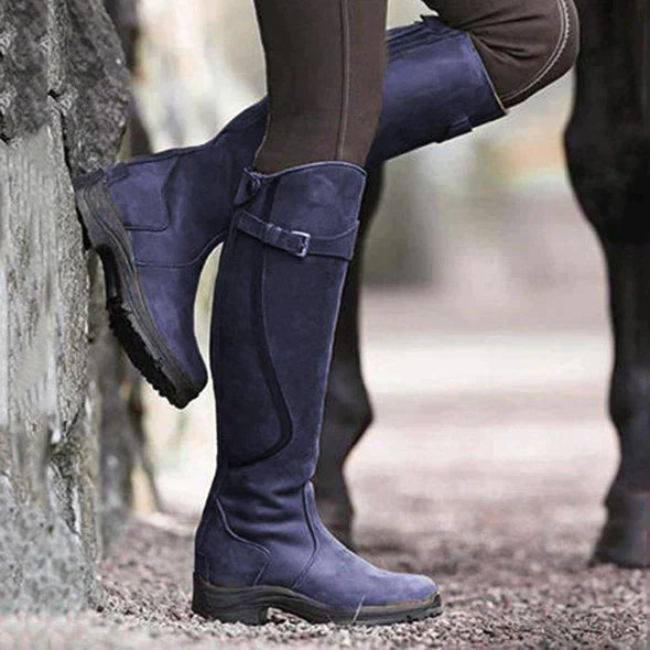 Women's Waterproof Knee-High Boots with Buckle Strap and Slip-Resistant Sole