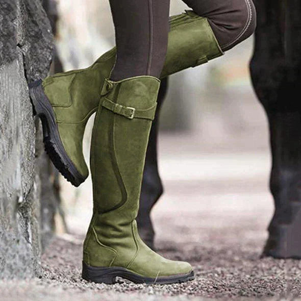 Women's Waterproof Knee-High Boots with Buckle Strap and Slip-Resistant Sole