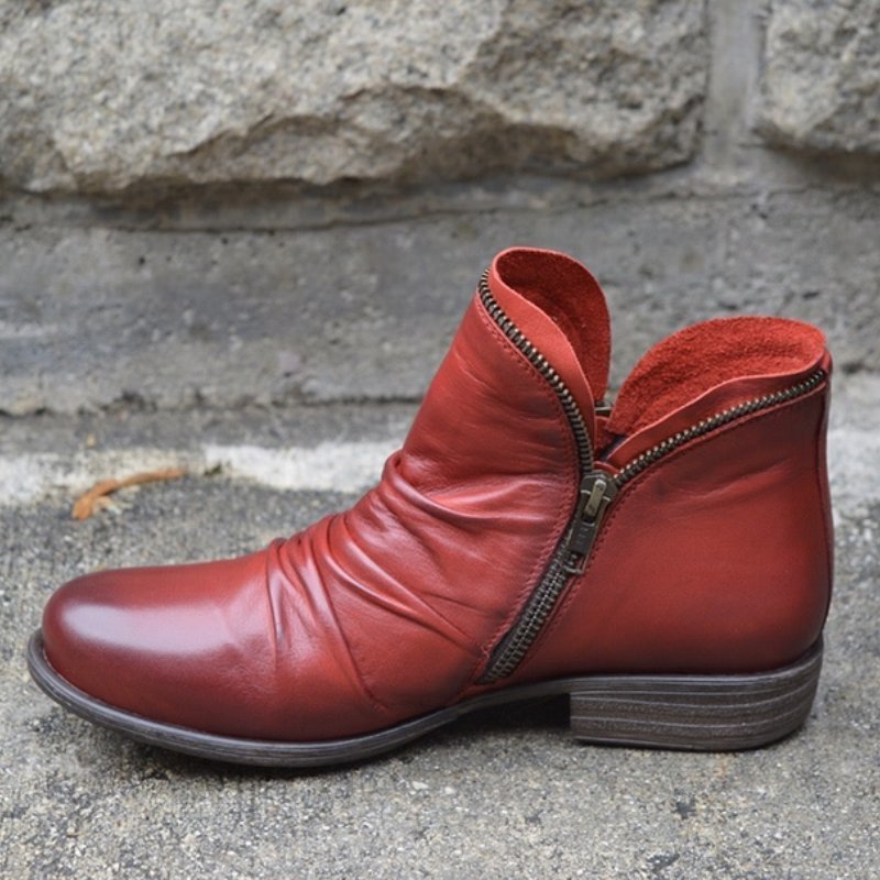 Ruched Design Women's Ankle Boots with Side Zip and Low Heel