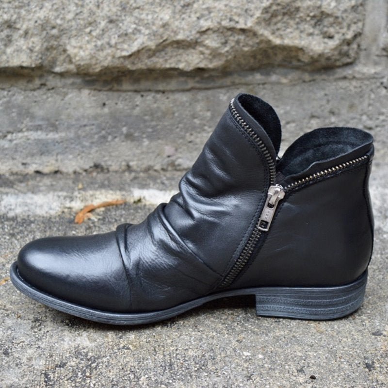 Ruched Design Women's Ankle Boots with Side Zip and Low Heel