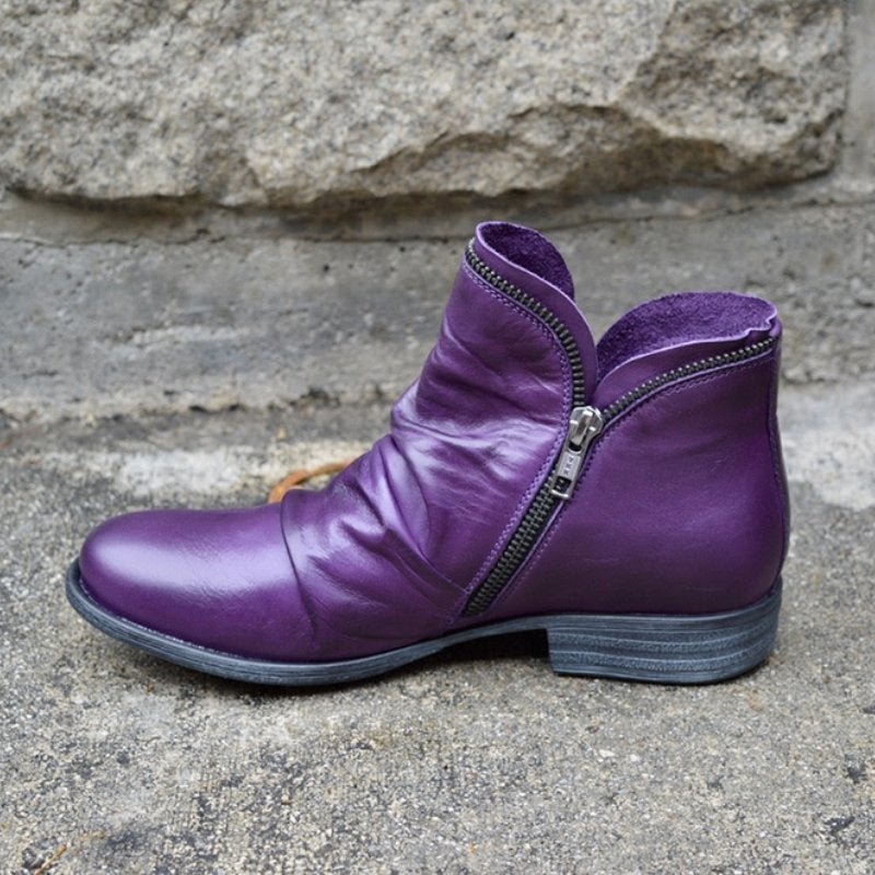 Ruched Design Women's Ankle Boots with Side Zip and Low Heel