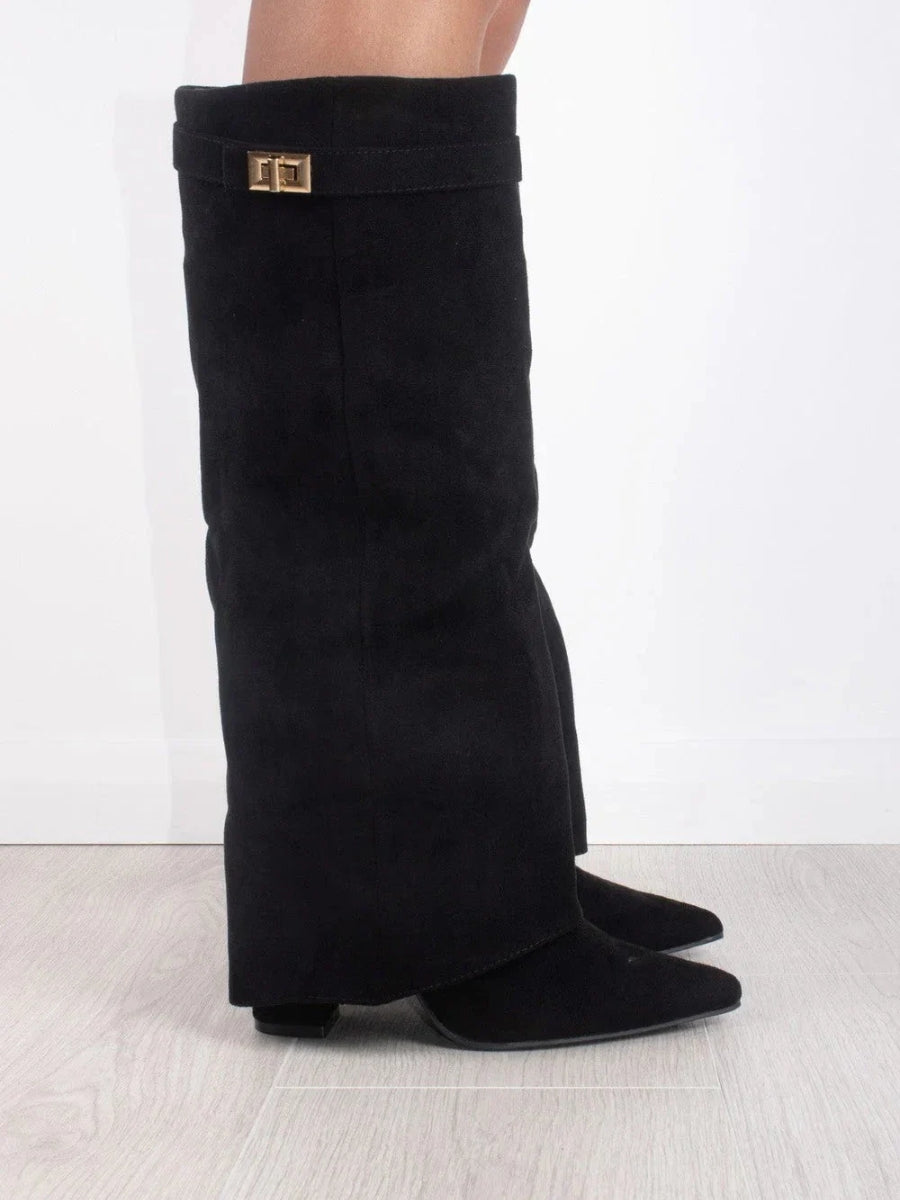 Women's Knee-High Boots with Block Heel and Wide Flare Top